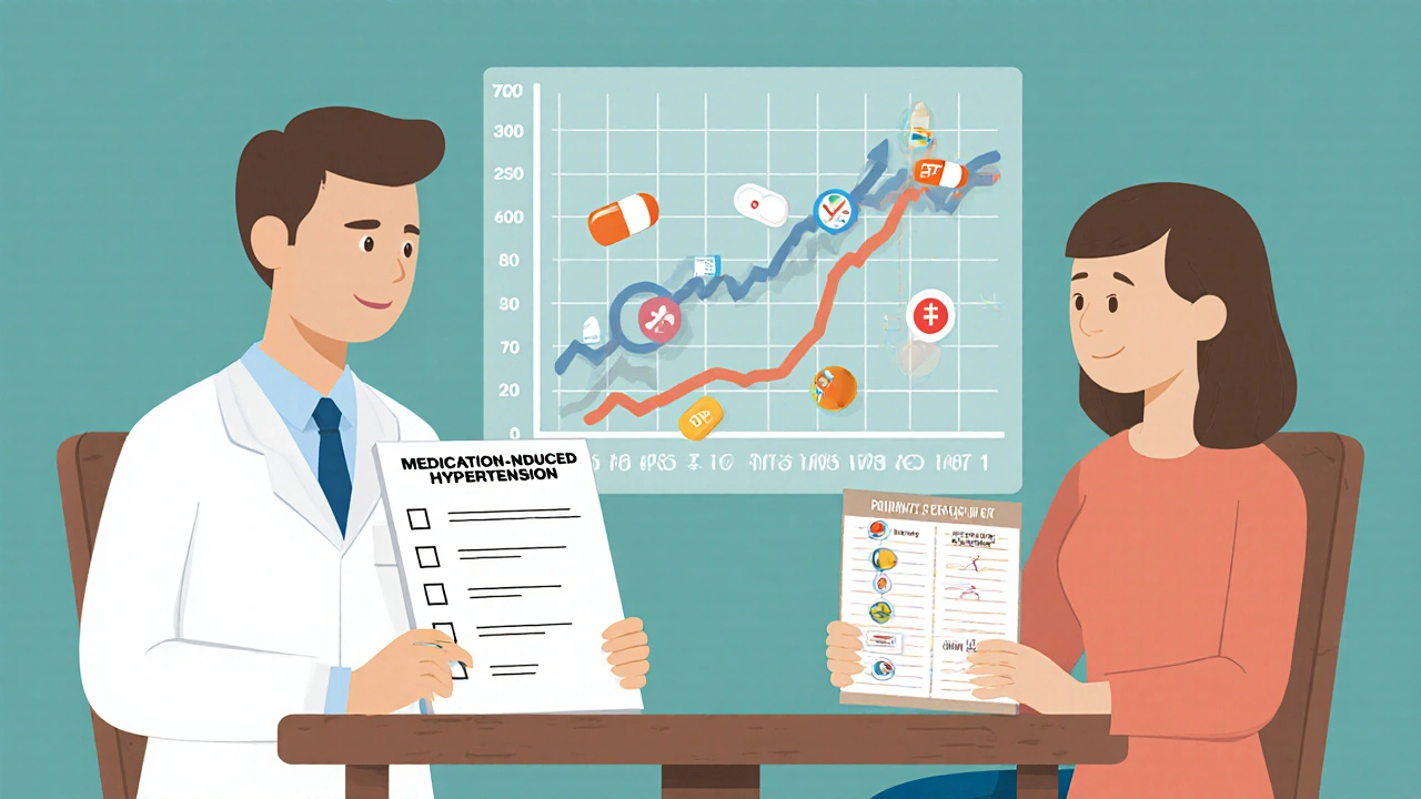 A doctor and patient reviewing a checklist of medications that can cause high blood pressure, with a visual graph showing spikes.