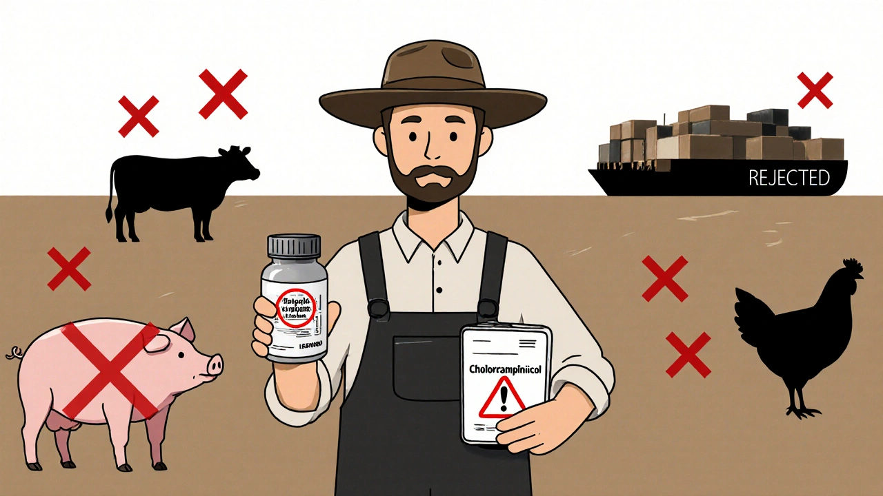 A farmer holding a banned antibiotic vial while livestock are marked with Xs and a shipment is rejected, showing illegal use consequences.