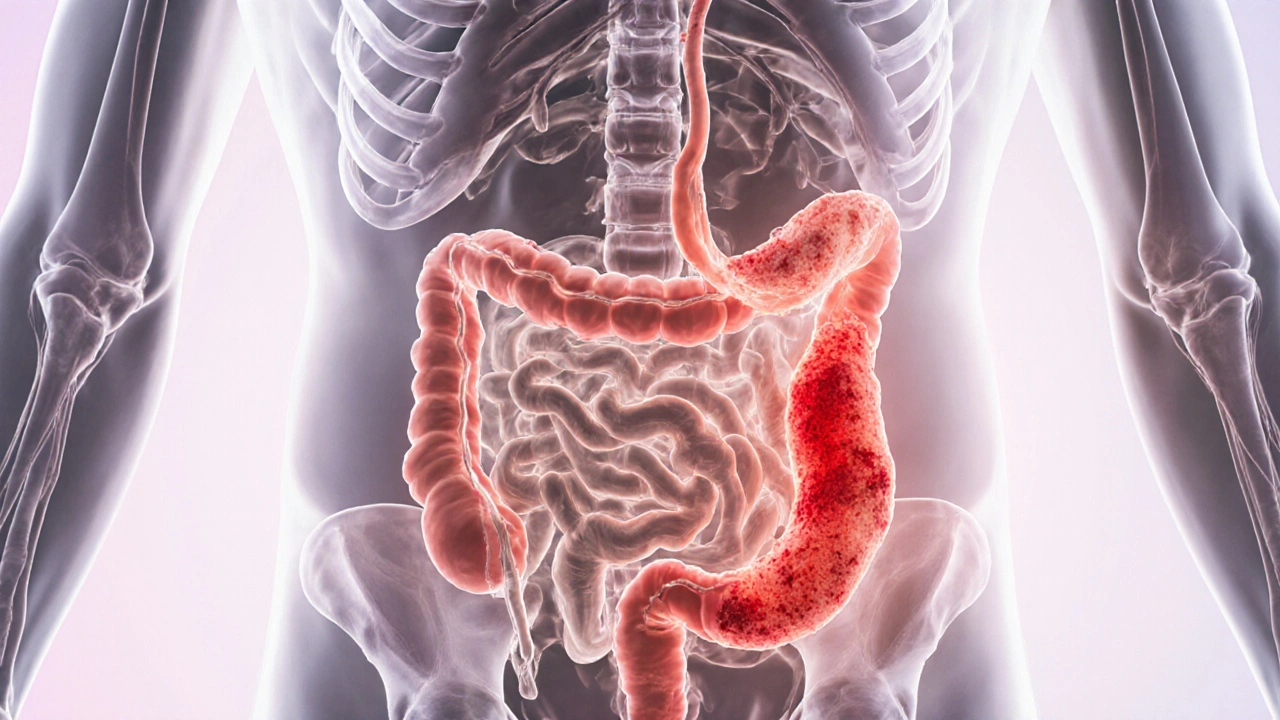 Anatomical view of inflamed appendix in lower right abdomen.