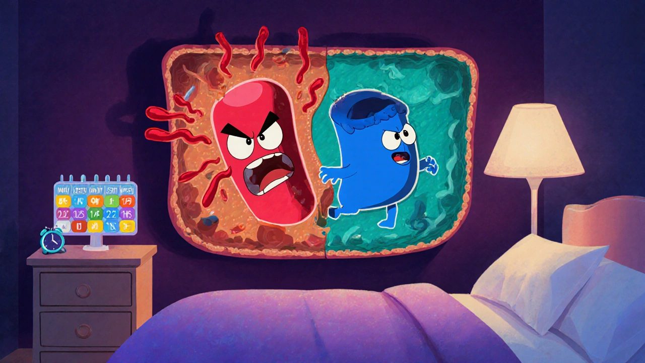 Animated blood vessel showing Azilsartan blocking angiotensin II, with a pill organizer and alarm clock nearby.