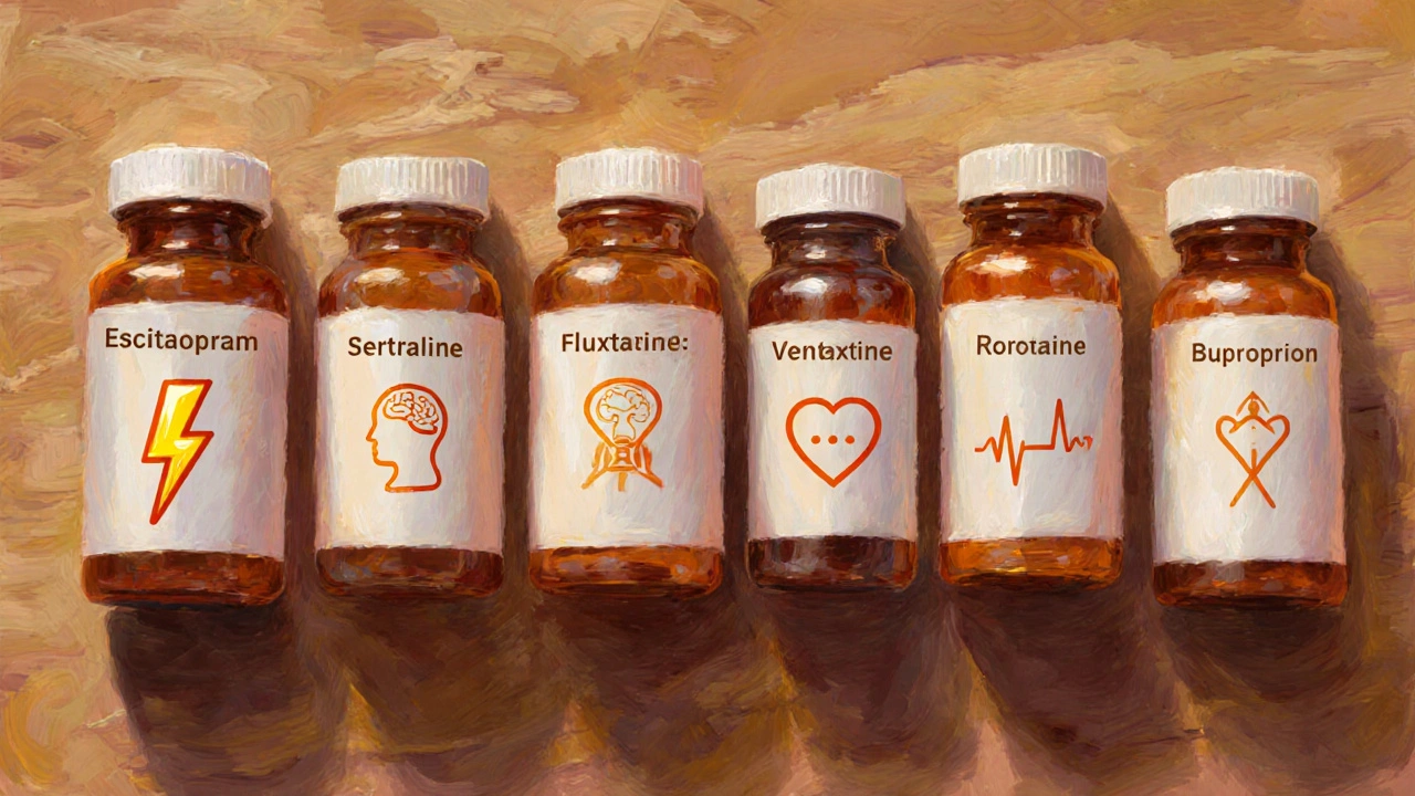 Array of antidepressant bottles with visual icons for their key benefits on a wooden table.