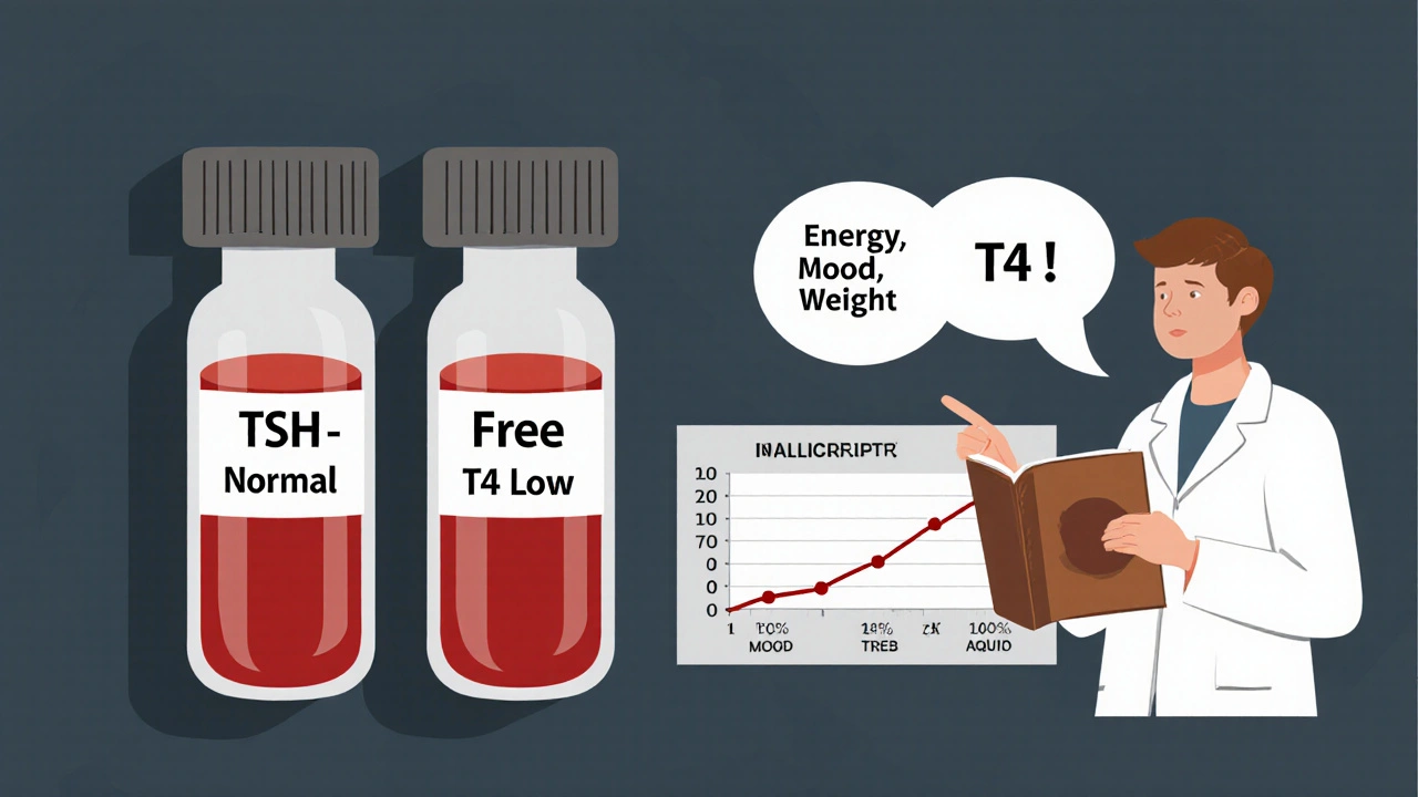 Blood test vial showing normal TSH but low Free T4, patient with symptom journal, doctor pointing at chart