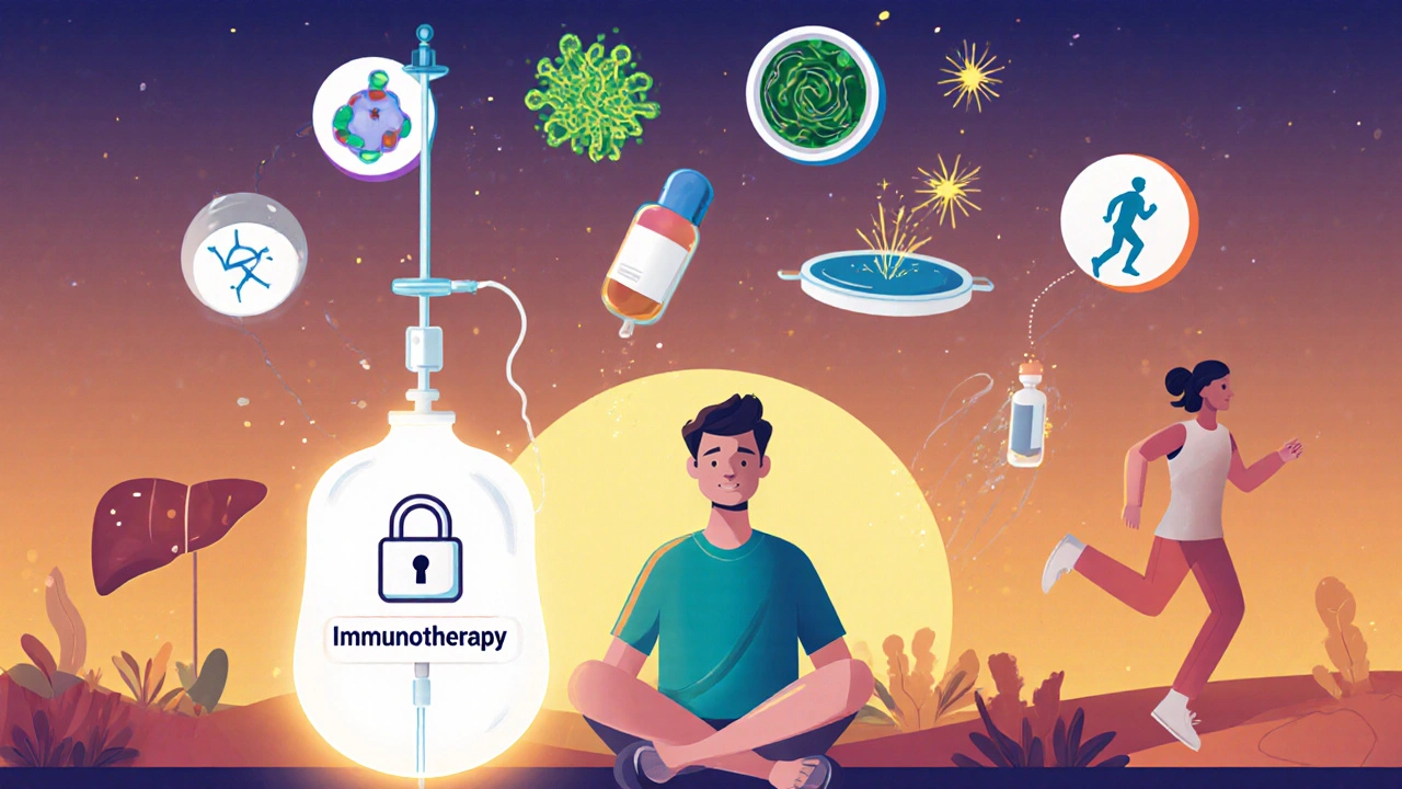 Bright illustration of immunotherapy icons and healthy lifestyle supporting liver cancer care.