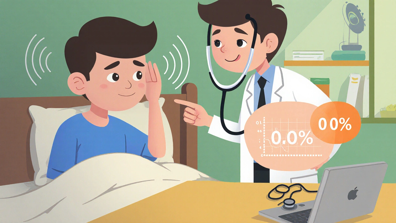 Cartoon man holding his ear with a doctor showing rare hearing‑loss numbers.