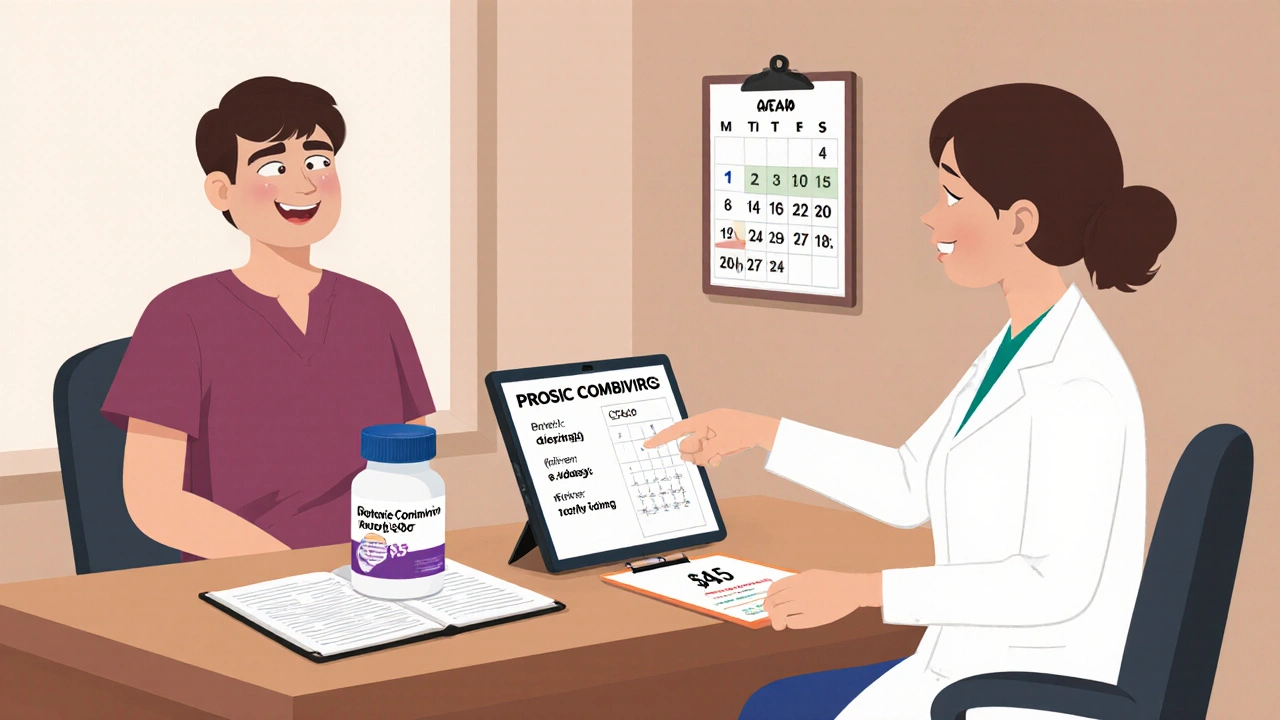 Clinician and patient reviewing Combivir pros and cons at a clinic desk.