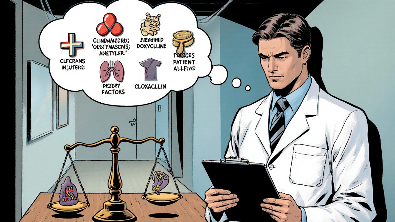 Comic‑style doctor weighing antibiotic options on scales.