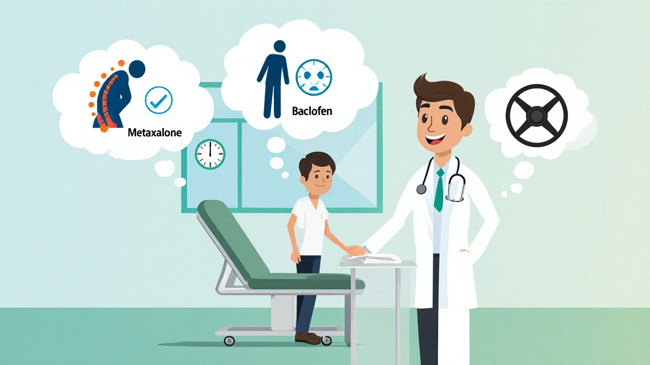 Doctor and patient with thought bubbles showing different muscle relaxant choices.