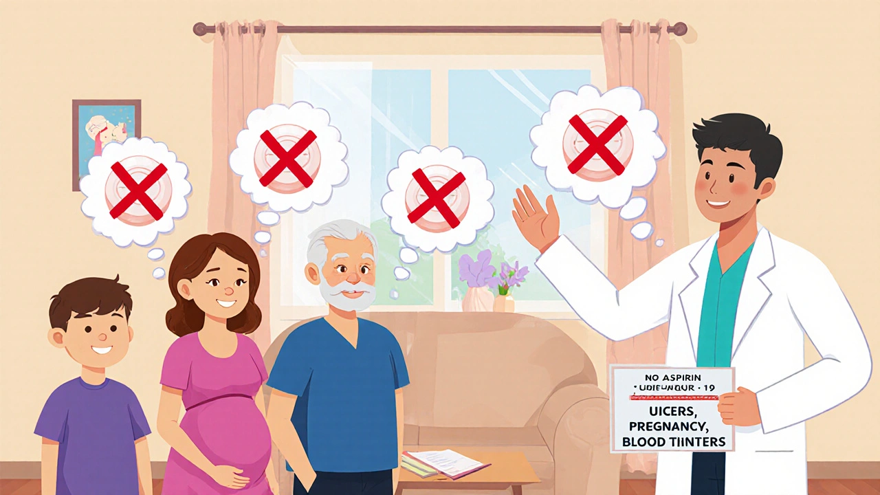 Family members with thought bubbles showing 'X' on aspirin, guided by a doctor warning about safety.