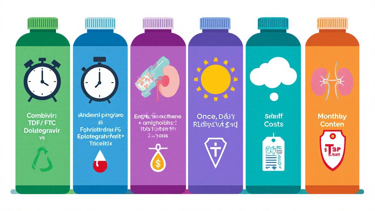 Flat cartoon comparing five HIV regimens with icons for dose, side effects, cost.
