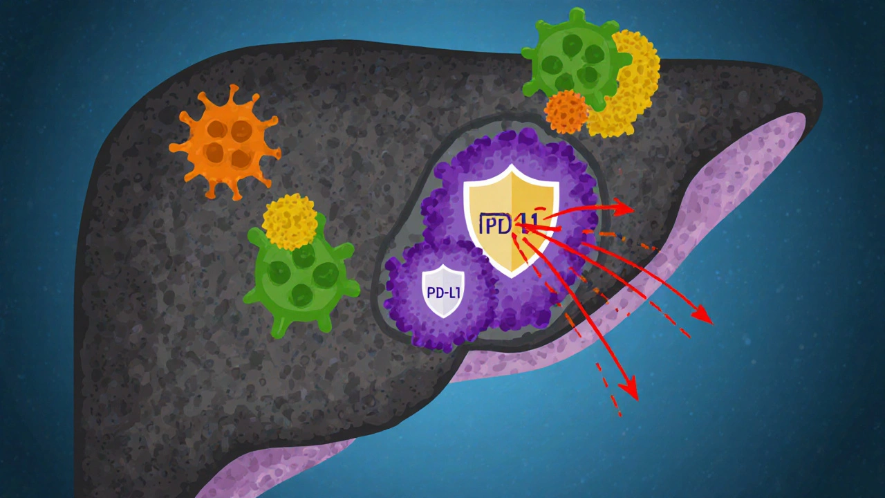 Flat design showing tumor microenvironment with suppressive cells and PD‑L1 shield.