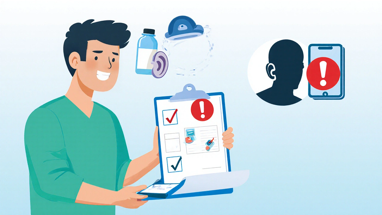 Flat illustration of a checklist with pill, ear, diary and emergency warning.