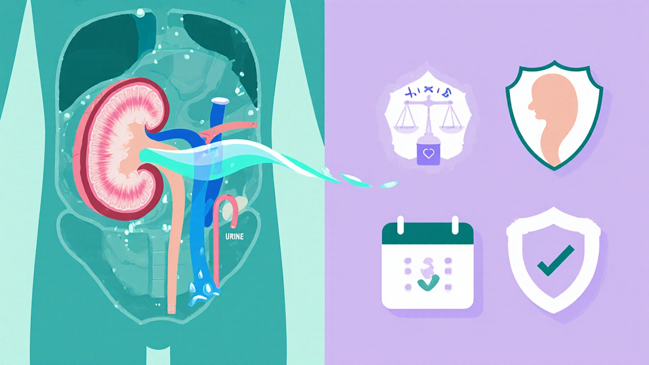 Flat illustration of a kidney filtering salt and water, alongside icons for low birth weight and safety data.