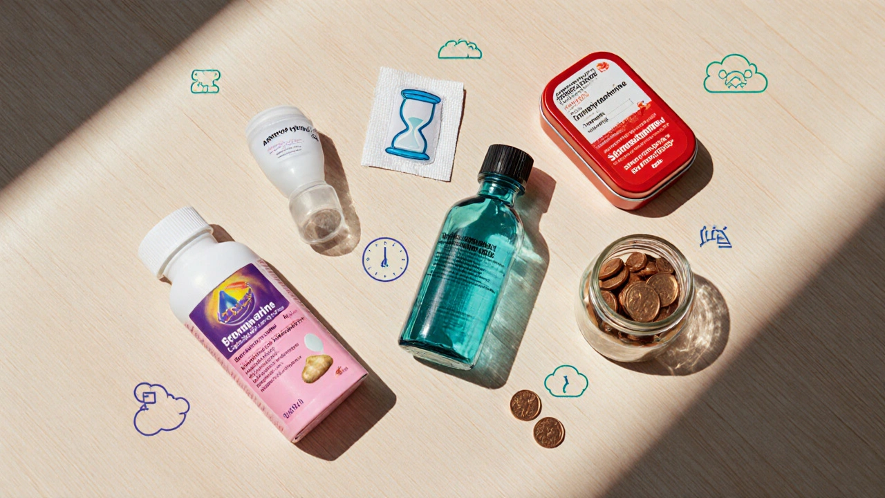 Flat lay of motion‑sickness medicines with icons for onset, duration and sedation