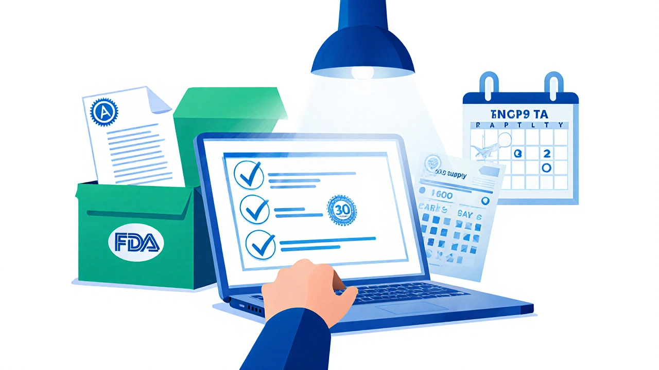 Hands using a laptop to check pharmacy credentials, prescription upload, and price comparison.