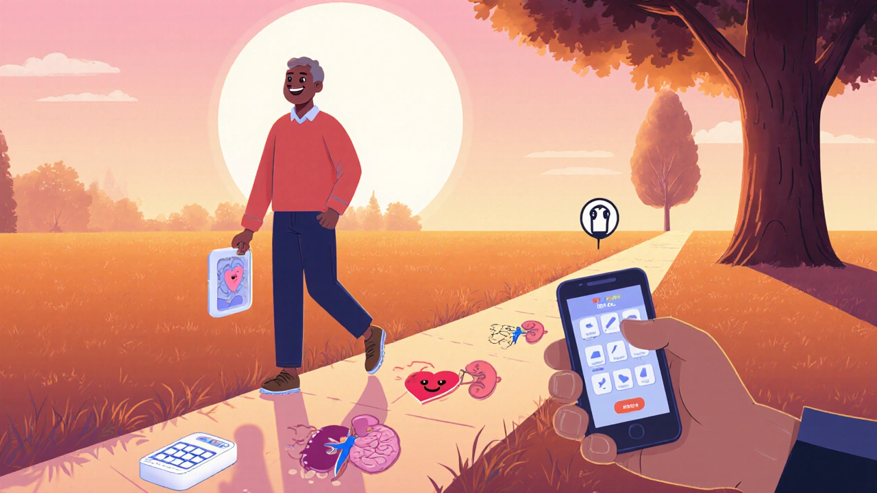 Happy adult walking on a path with heart, brain, and kidney icons, holding a pill organizer.