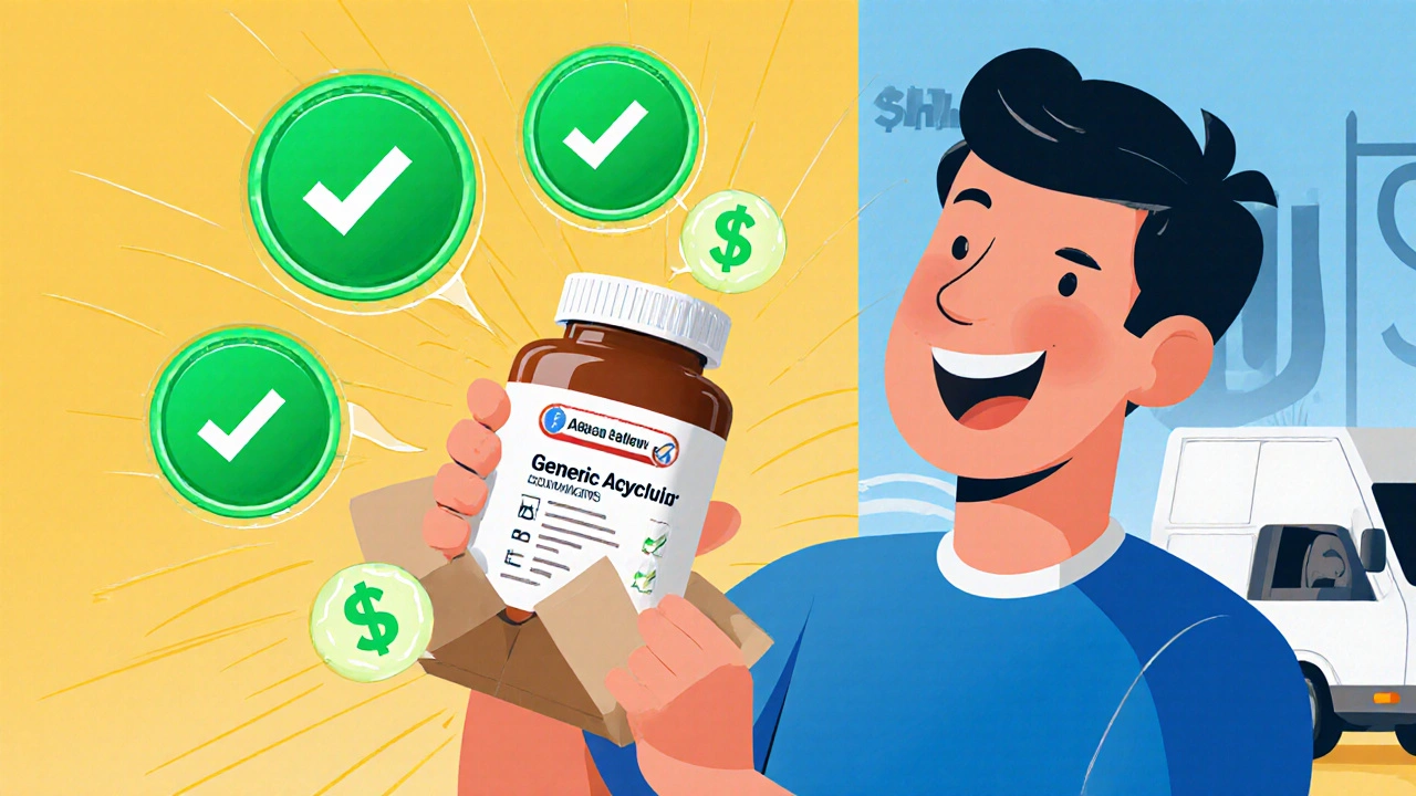 Happy customer receiving generic acyclovir parcel with checkmarks and savings icons.