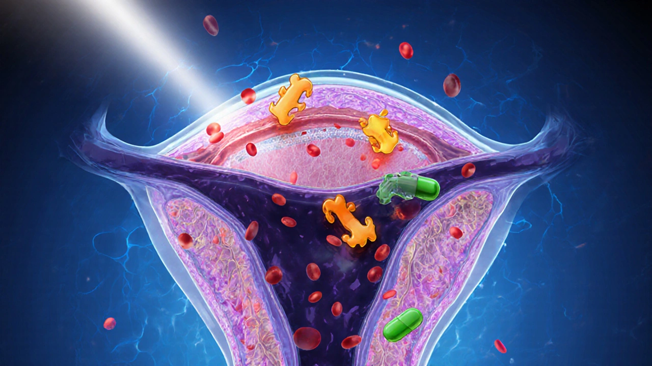 Illustration of tadalafil molecules blocking PDE‑5, showing increased blood flow in penile tissue.