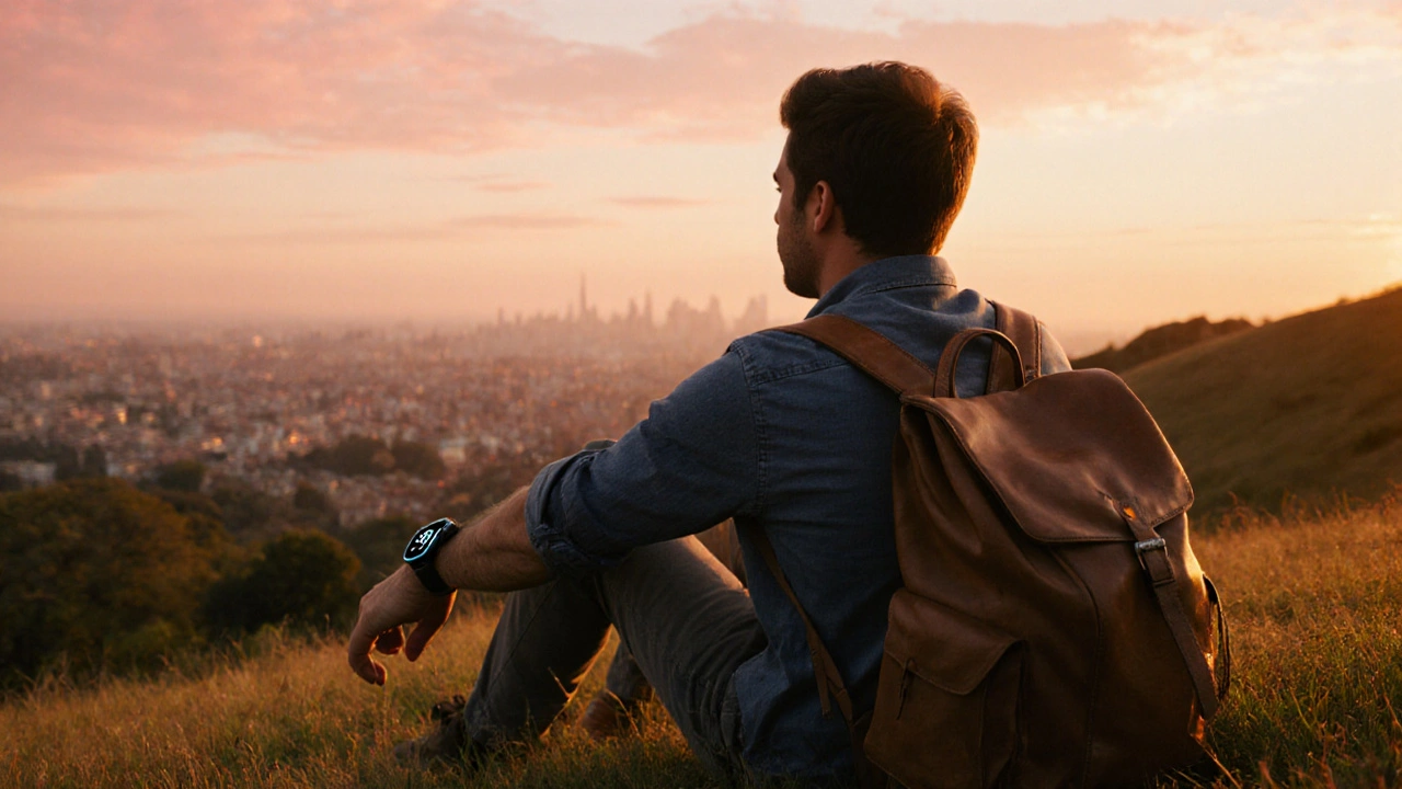 Man on a hill at sunset, relaxed with a watch indicating a 36‑hour window, evoking spontaneity.