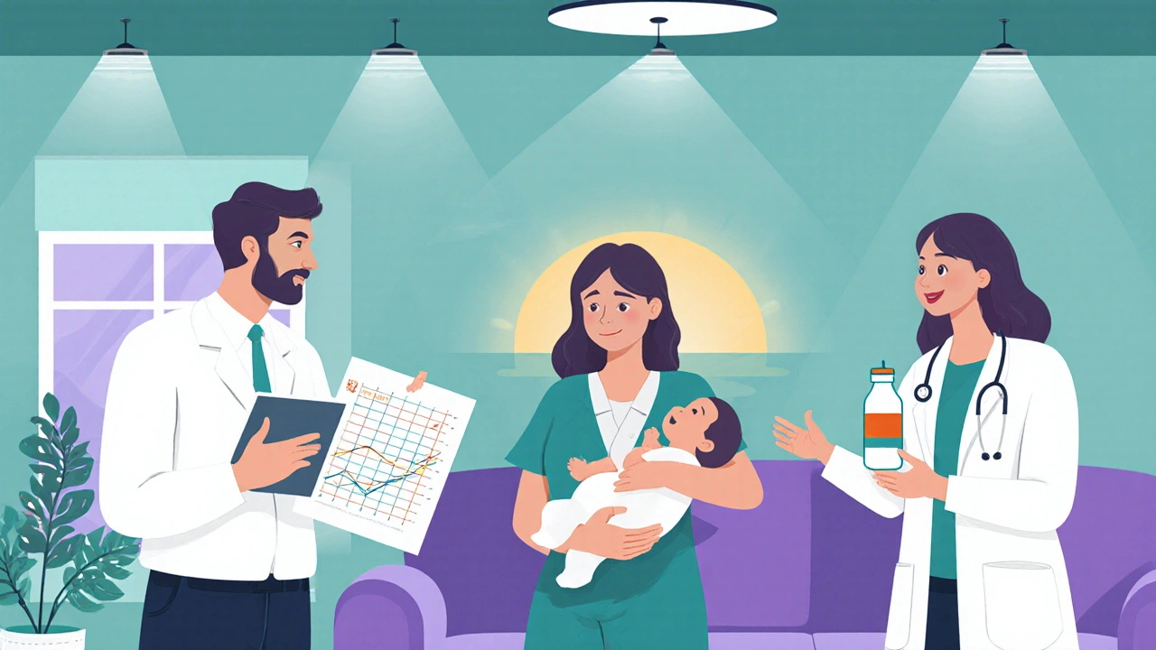 Mother consulting with psychiatrist, pediatrician, and lactation consultant in a calming room.