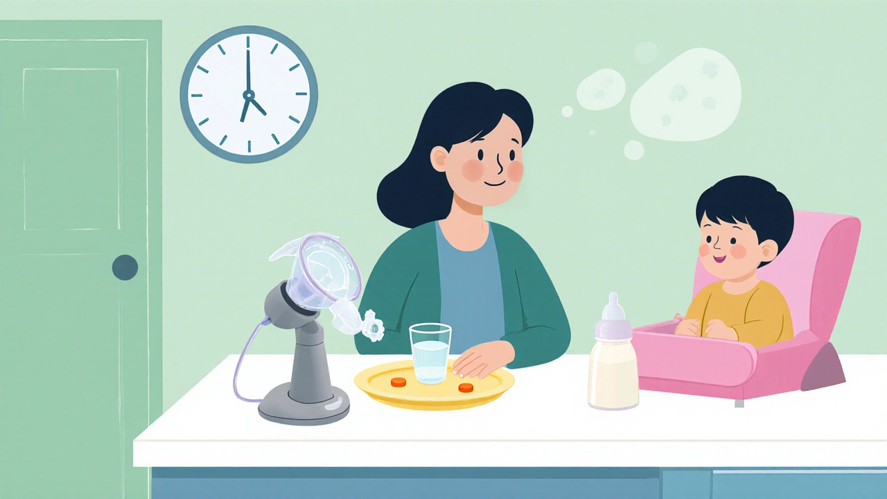 Mother taking medication after feeding, with breast pump and expressed milk bottle nearby.