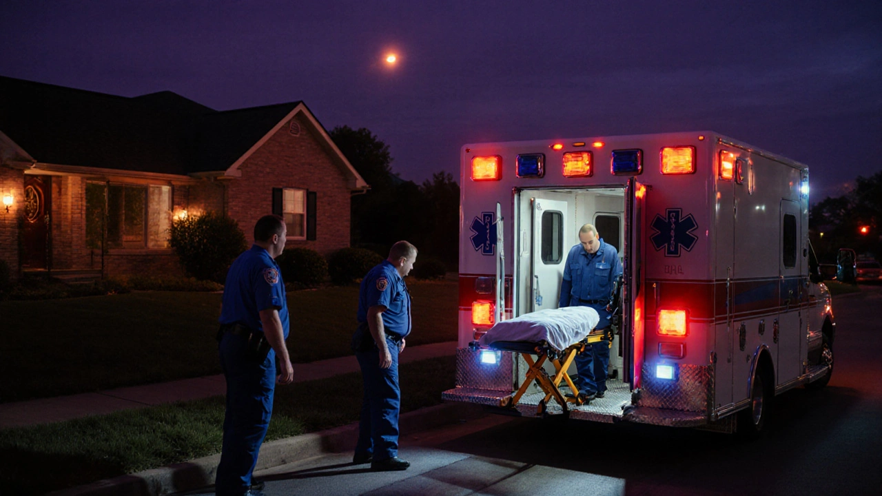 Paramedics loading a patient with severe abdominal pain into an ambulance at dusk.