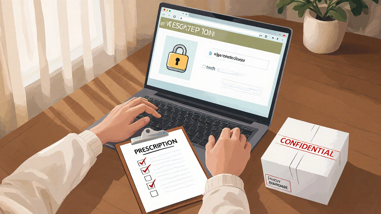 Person ordering medication online with secure lock icon and discreet package.