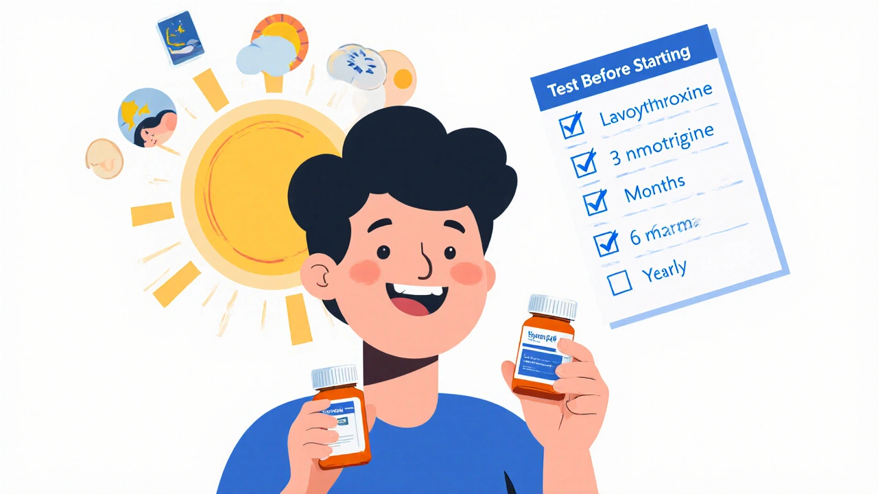 Person smiling with levothyroxine and lamotrigine bottles, sun rising, icons of improved energy and focus