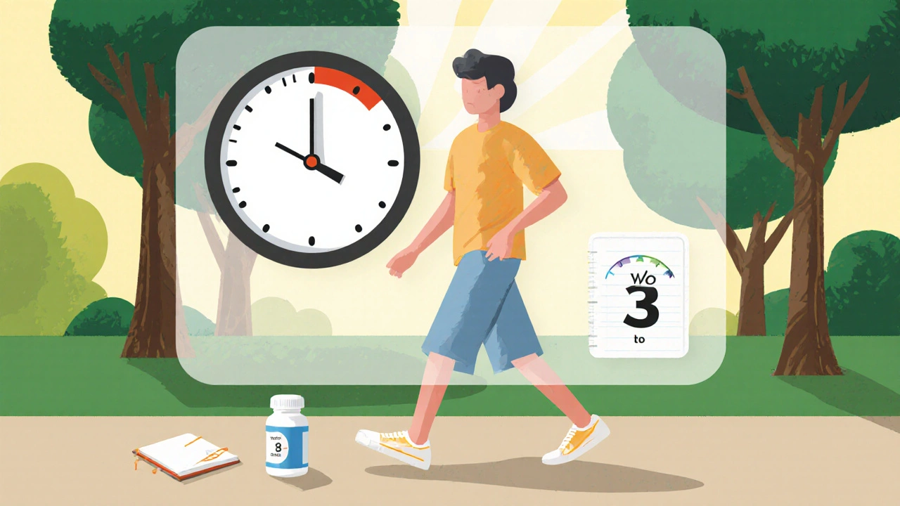 Person walking peacefully with pain scale lowered, pill bottle and journal nearby.