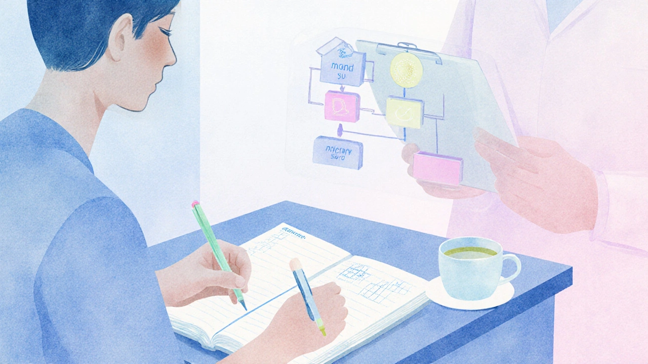 Person writing in a mood journal with a doctor silhouette in the background.