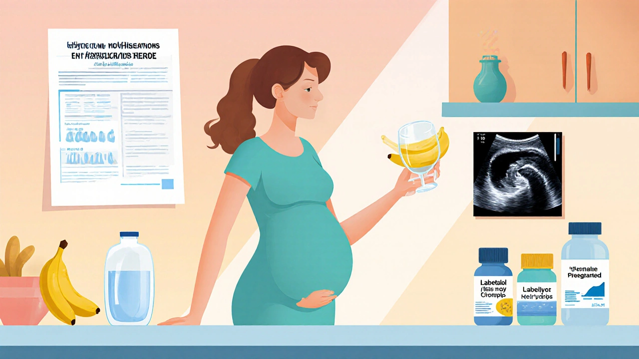 Pregnant woman holding water and a banana, with lab report, ultrasound image, and alternative drug bottles nearby.