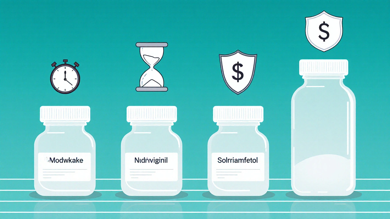 Row of pill bottles with icons for onset, half‑life, prescription, and cost.