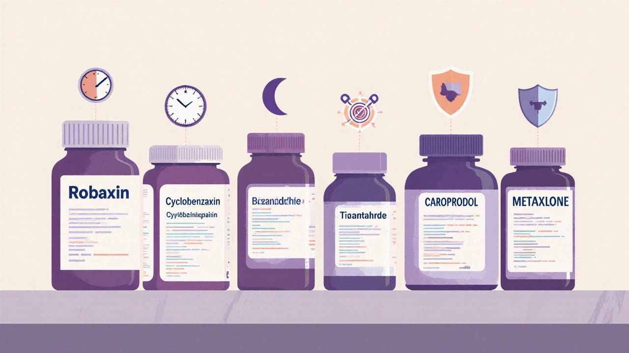 Row of six labeled pill bottles with icons for onset, sedation, and abuse risk.