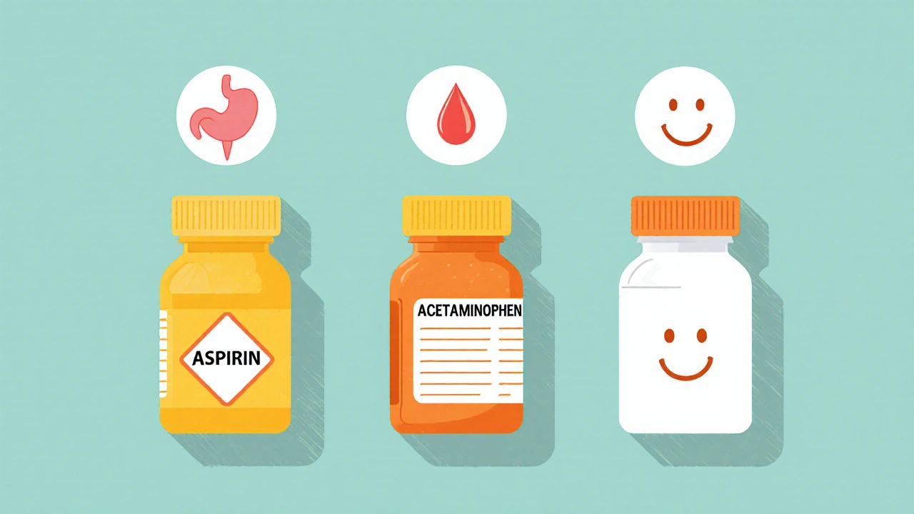 Side‑by‑side illustration of aspirin, ibuprofen, and acetaminophen bottles with icons for risks and benefits.