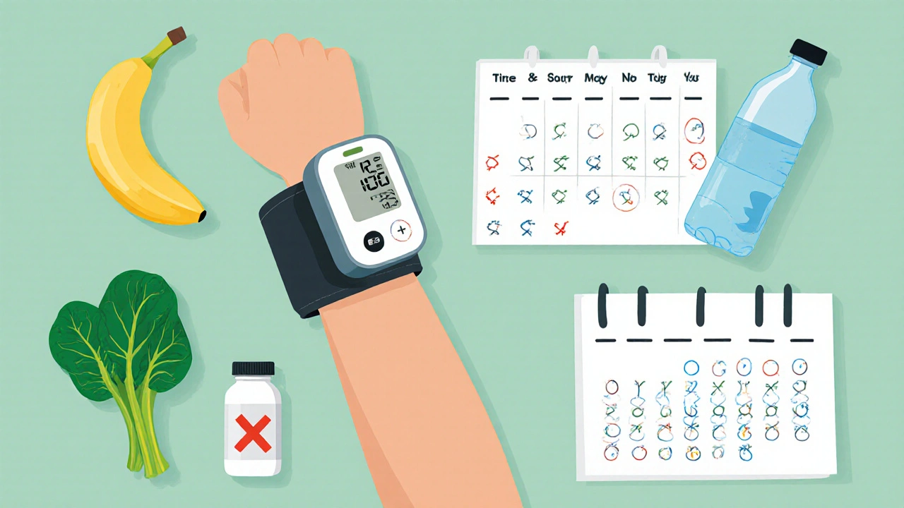 Someone monitoring blood pressure at home with healthy foods nearby and a calendar tracking daily readings.