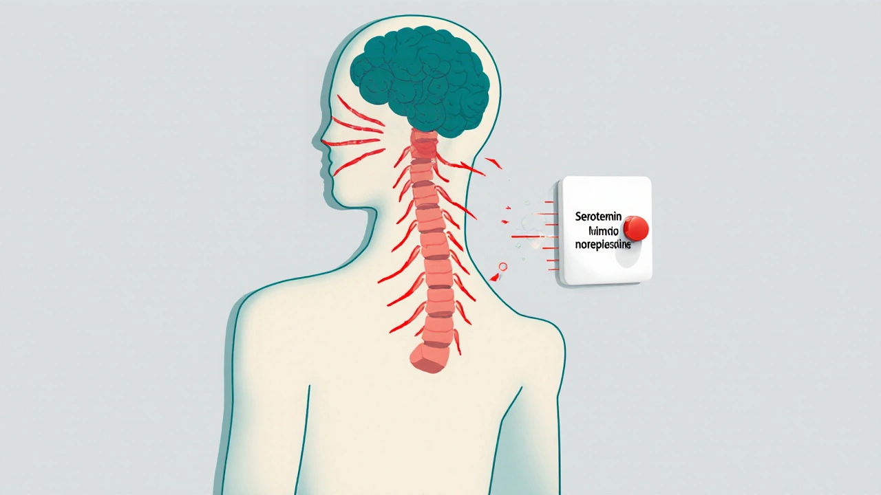 Spine with pain signals blocked by neurotransmitter molecules acting as a dimmer switch.