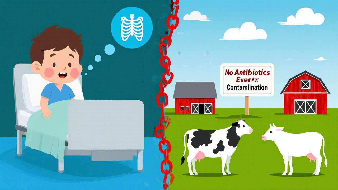 Split scene: sick child on one side, healthy farm on the other, connected by a broken chain of contamination, illustrating safe vs. dangerous practices.