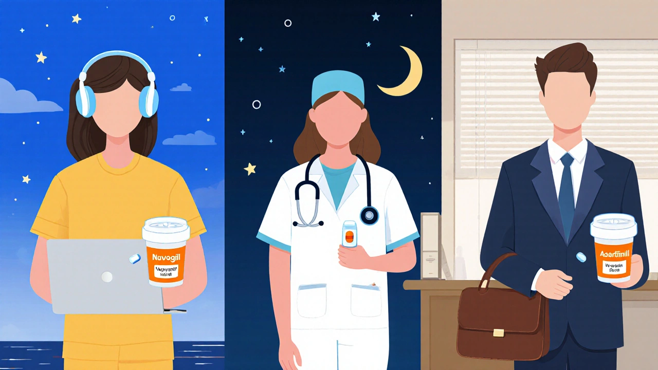 Student, night‑shift resident, and professional each with a pill cup representing their choice.