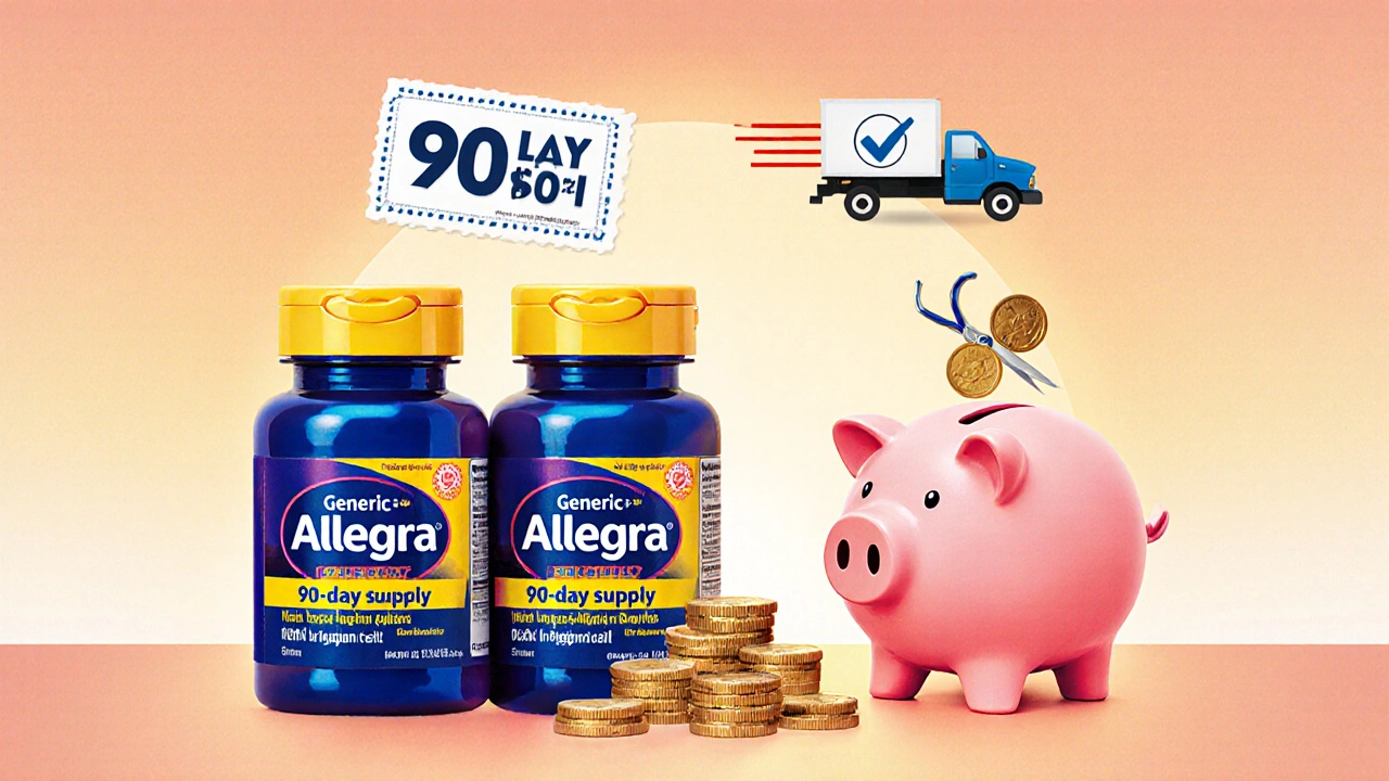 Three Allegra bottles, piggy bank, and discount coupon illustrating bulk savings.
