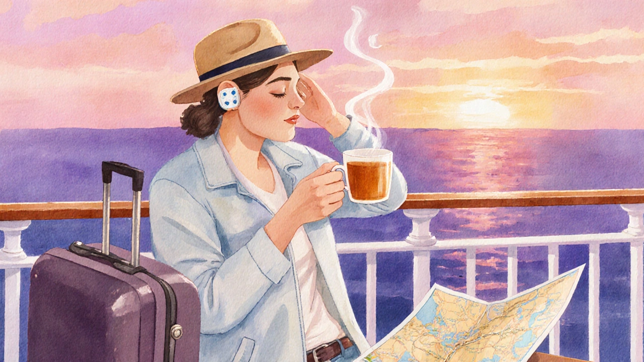 Traveler on a cruise balcony applying a scopolamine patch and drinking ginger tea