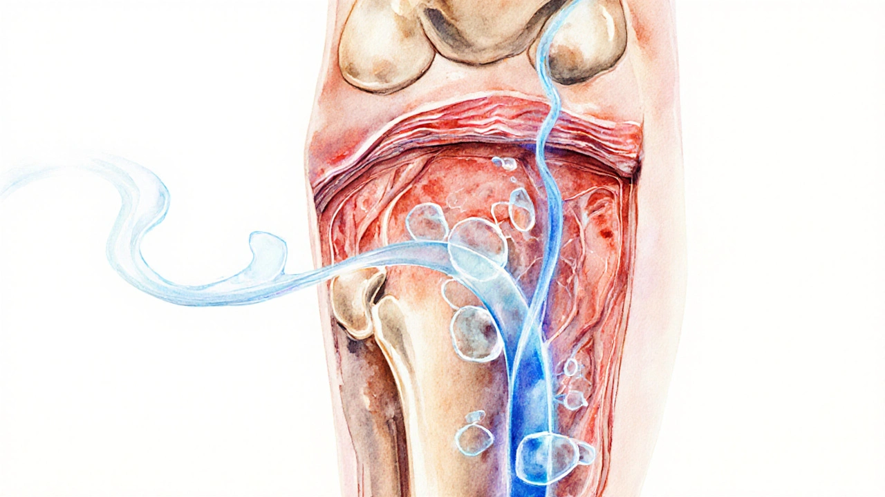 Watercolor cross‑section of a leg showing infection and clindamycin flowing into tissue.