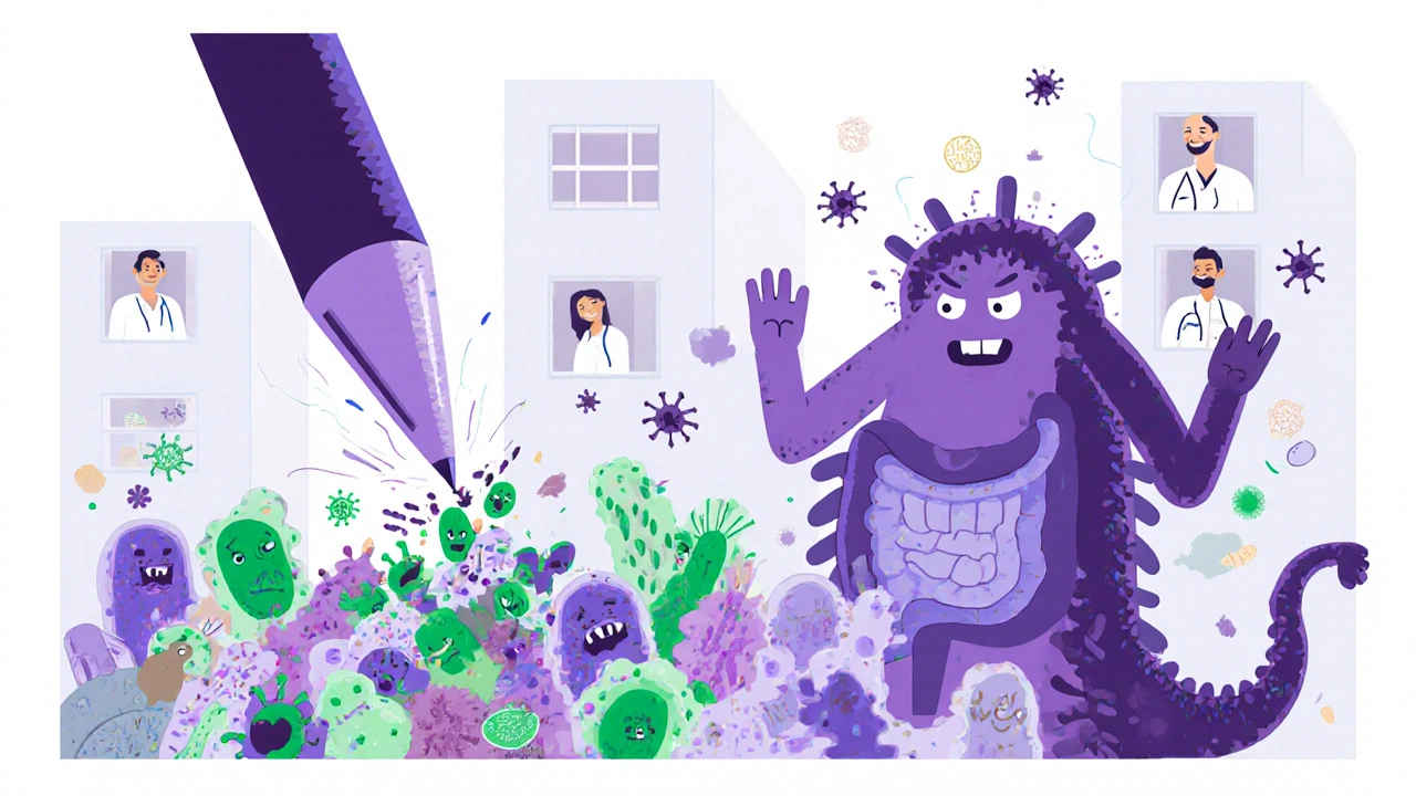 A giant antibiotic bullet destroys friendly gut microbes while a C. difficile monster emerges in a chaotic intestinal ecosystem.