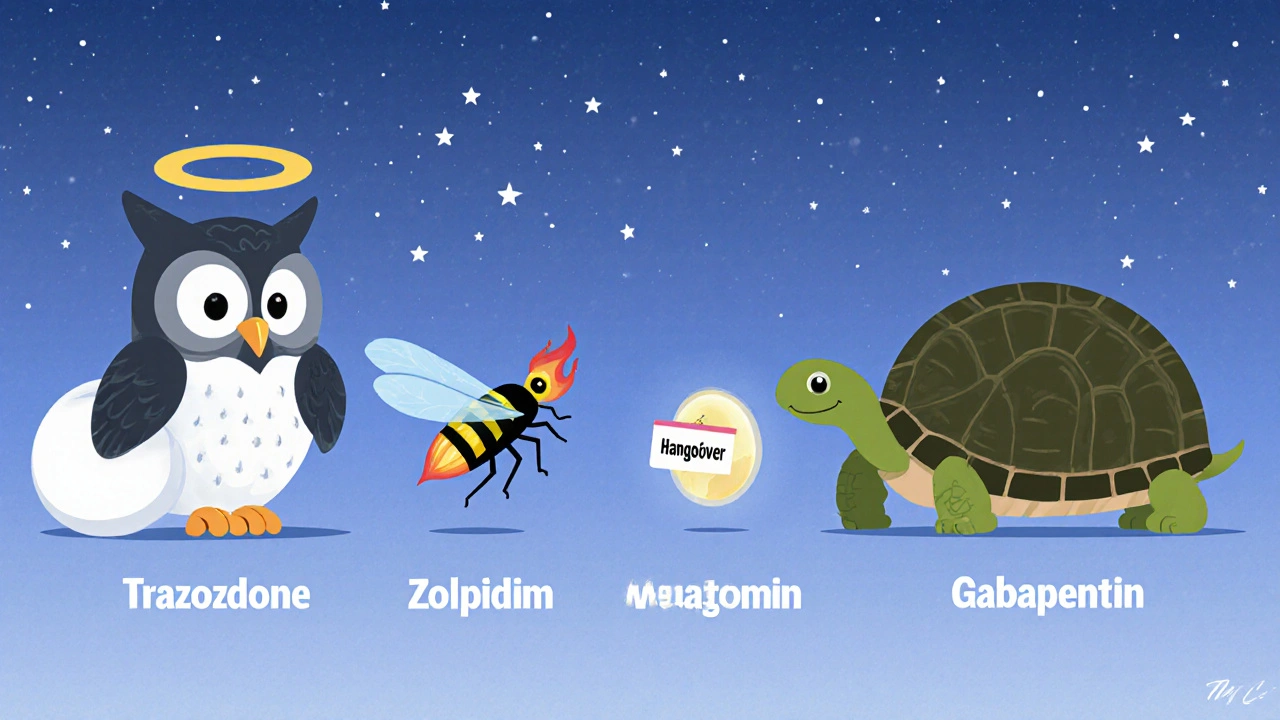 Cartoon comparison of sleep aids: owl as trazodone, firefly as zolpidem, seed as melatonin