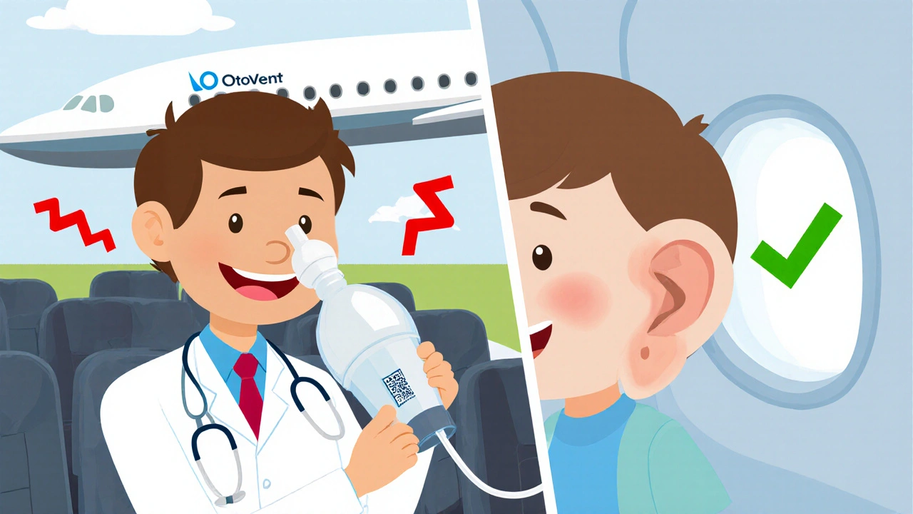 Child using Otovent nasal balloon device with contrasting scenes of ear pain and relief.