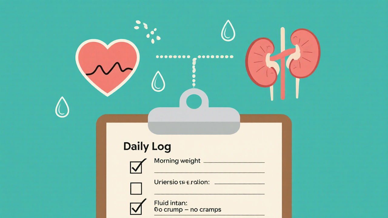 Daily hydration log with checkmarks, heart, and kidney icons connected by water droplets