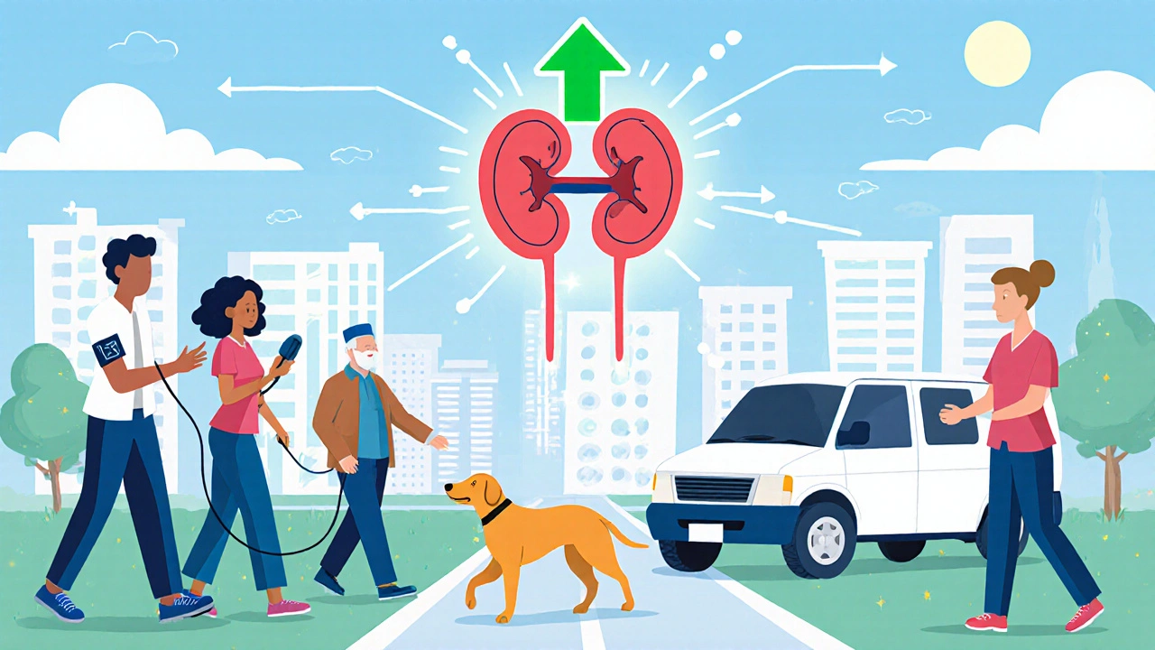 Diverse people connected by pathways to a heart-kidney icon, symbolizing early detection saving lives.