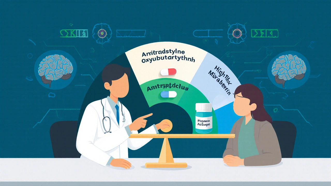 Doctor and patient reviewing an ACB scale showing high-risk vs. safe medication options.