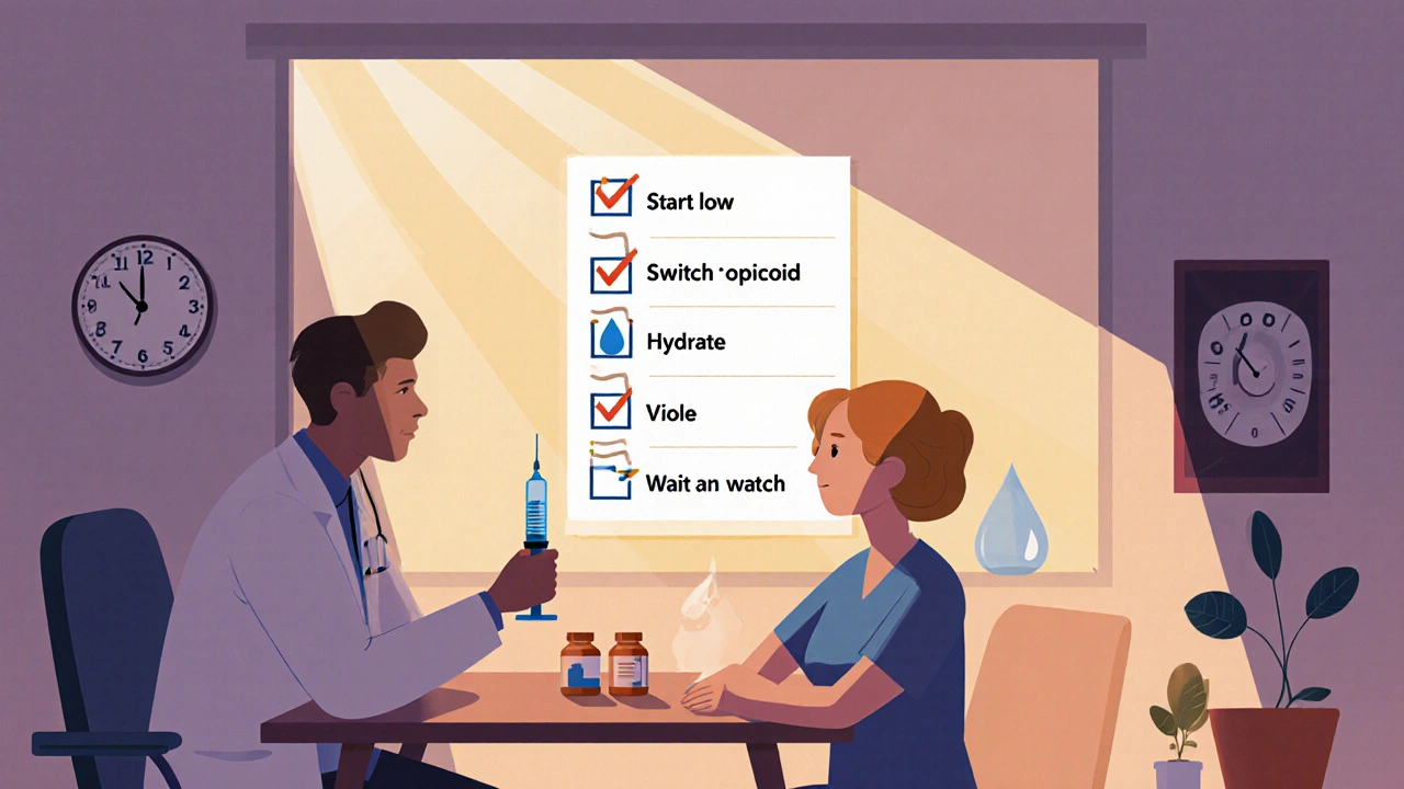 Doctor and patient reviewing non-drug strategies for managing opioid nausea with simple icons