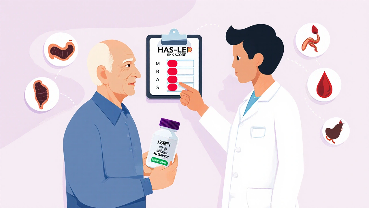 Doctor explaining bleeding risk chart to senior patient holding aspirin bottle.