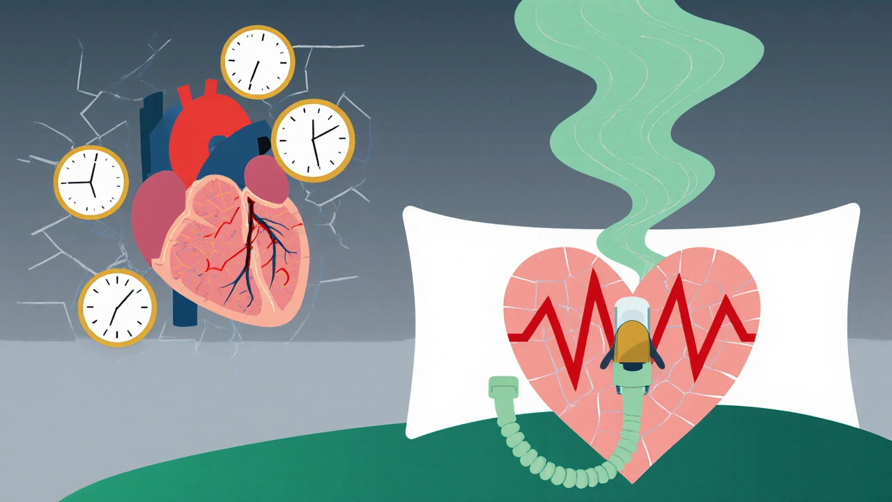 Heart with thickened walls and erratic rhythm, with CPAP mask emitting healing air above the pillow.
