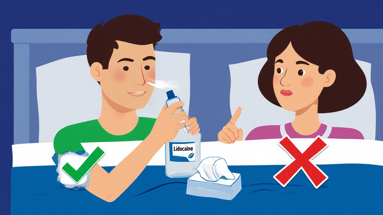 Man applying topical spray before intimacy, partner nearby, showing pros and cons of numbing creams.